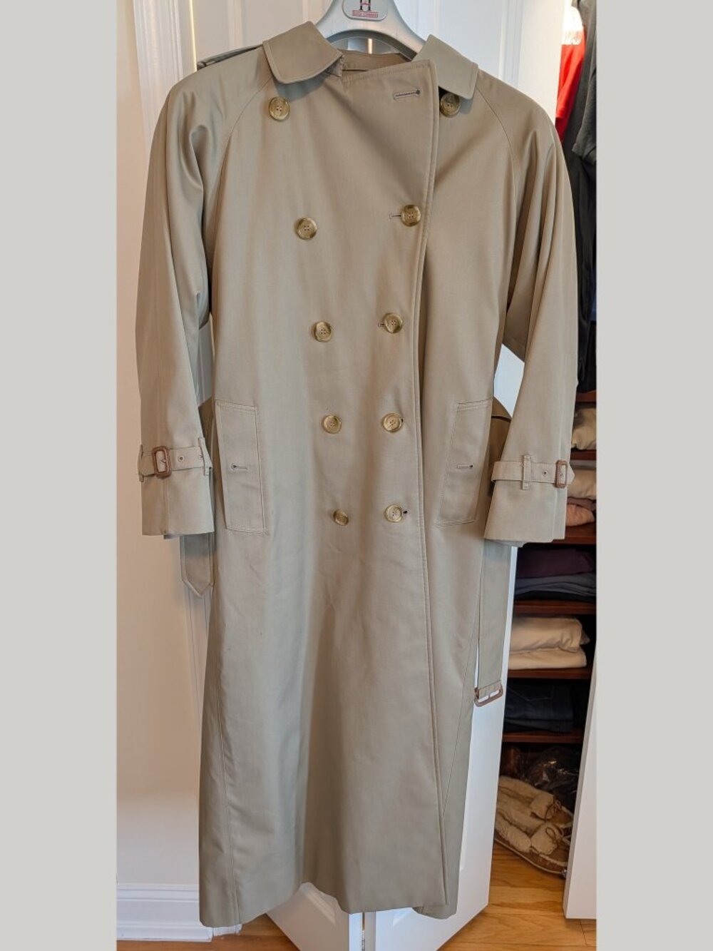 VTG Burberry Womens M 10 Long Stone Trench Coat Nova Check + Wool Liner Belted